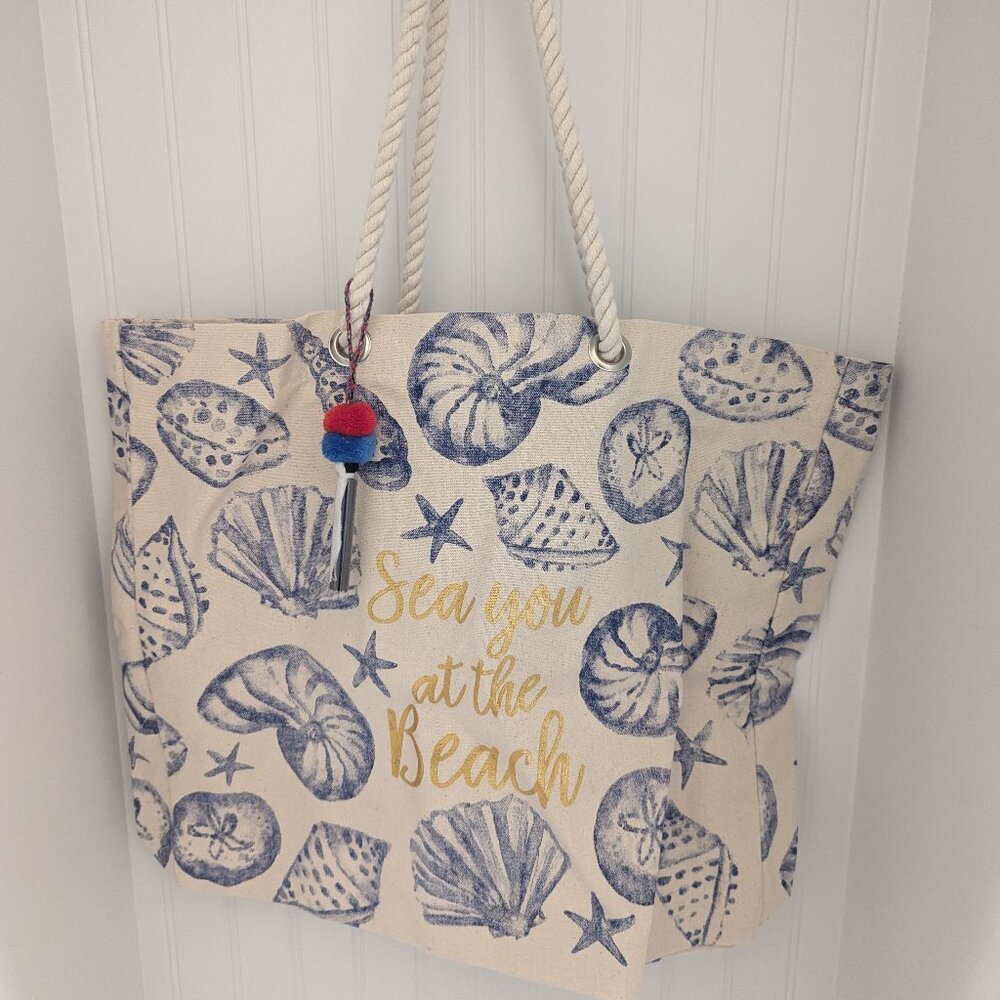Summer Beach/travel Large Natural Woven Tote Bag With Blue Sea Shells